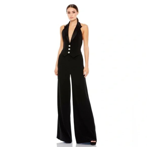 Mac Duggal Pants - Ieena By Mac Duggal - Black Tuxedo Halter Ultra High Waist Jumpsuit 2643